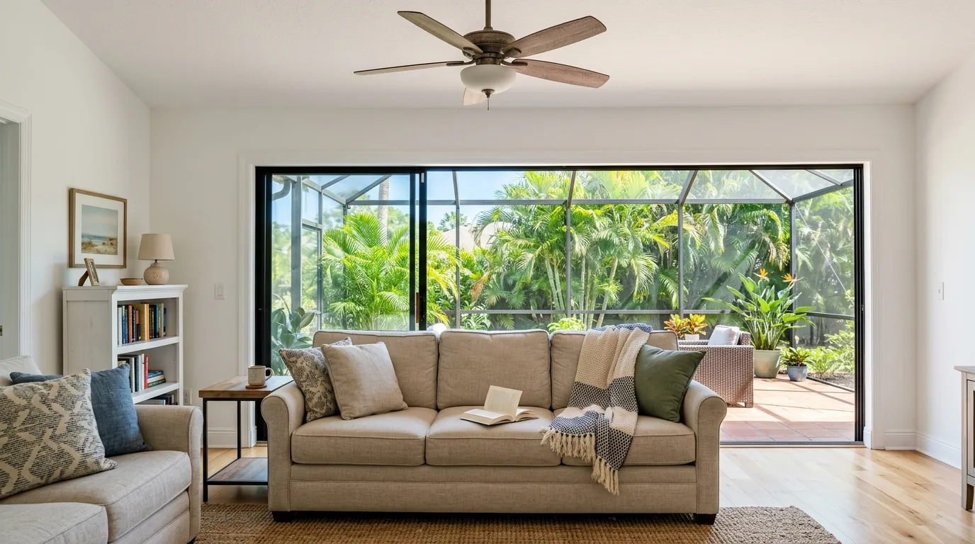 A sunlit Florida living room with sliding doors open to a screened lanai
