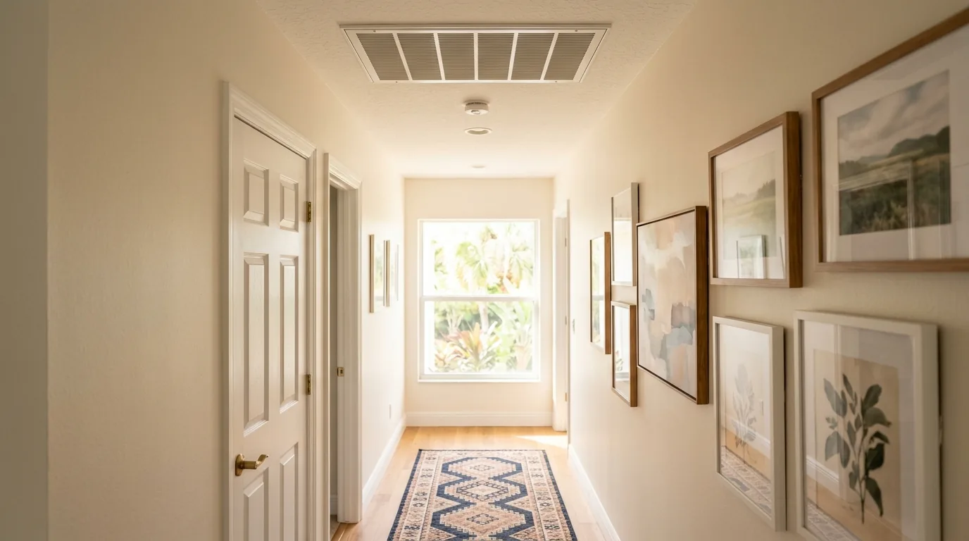 Looking up at a clean air return grille in a bright Florida hallway