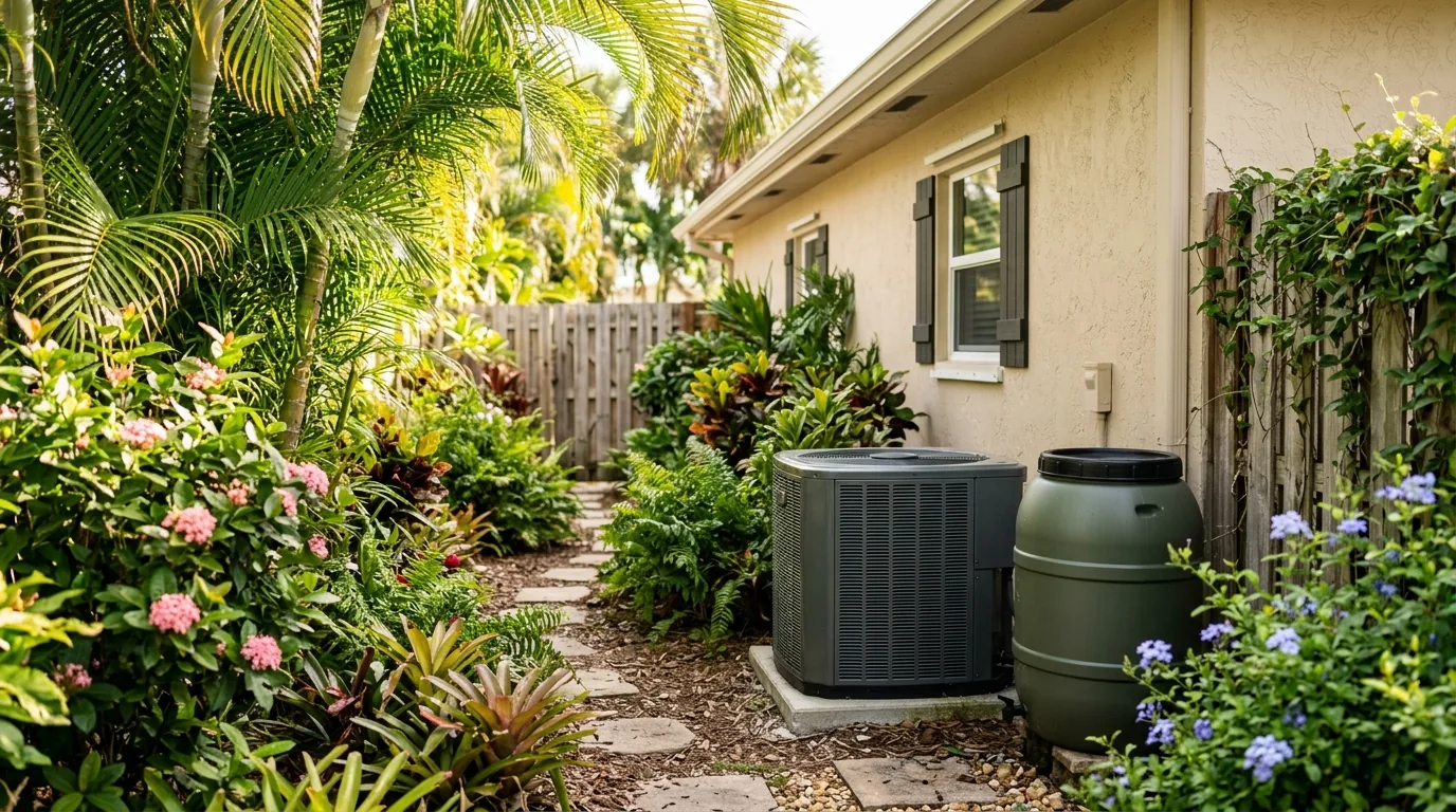 An outdoor AC unit in a lush Florida side garden with palms