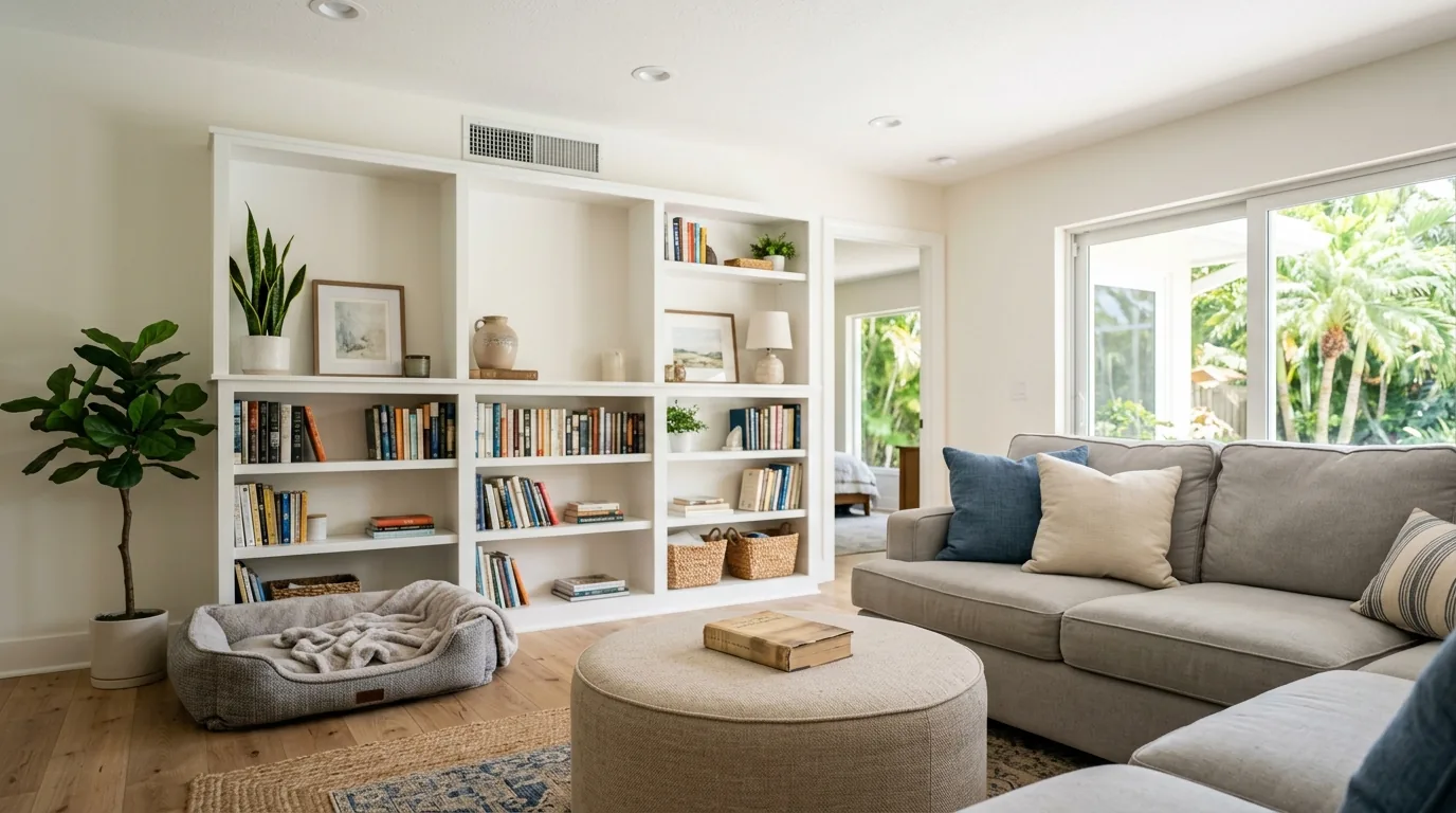 A comfortable Florida family room with a ceiling air vent above shelves