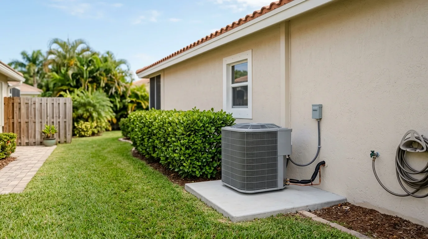 A new outdoor AC unit on a fresh pad beside the hedge of a Florida home
