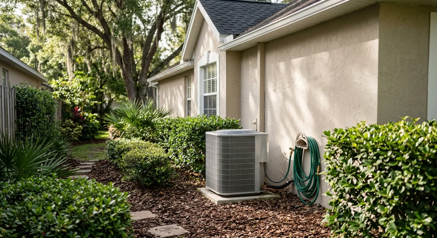 A clean outdoor AC unit in a shaded, well-kept Florida side yard