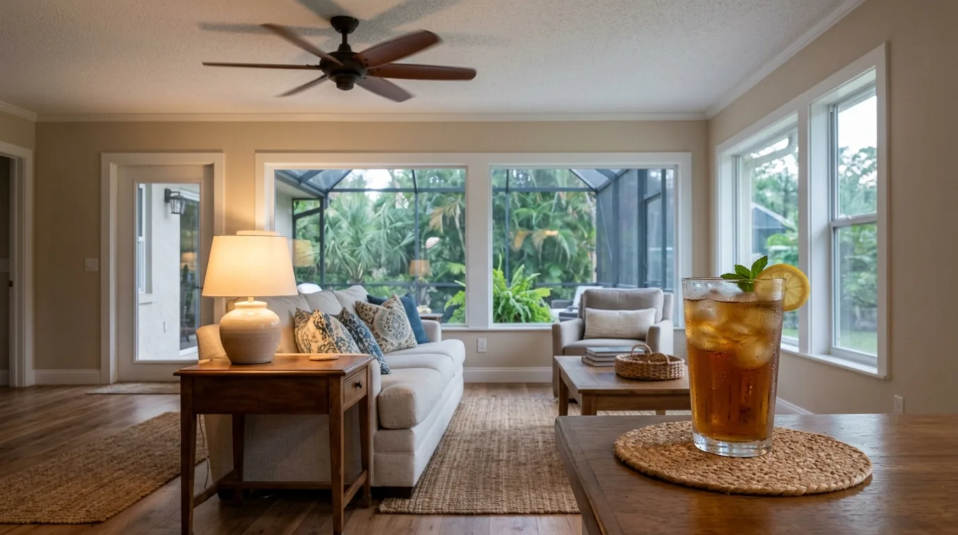 A calm Florida living room in warm evening lamplight