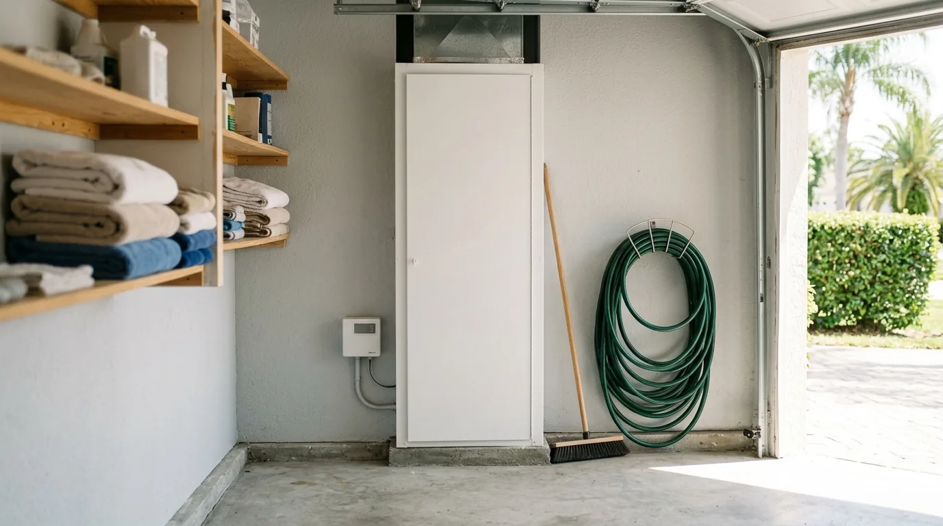 A clean utility corner with a closed, unmarked air handler cabinet