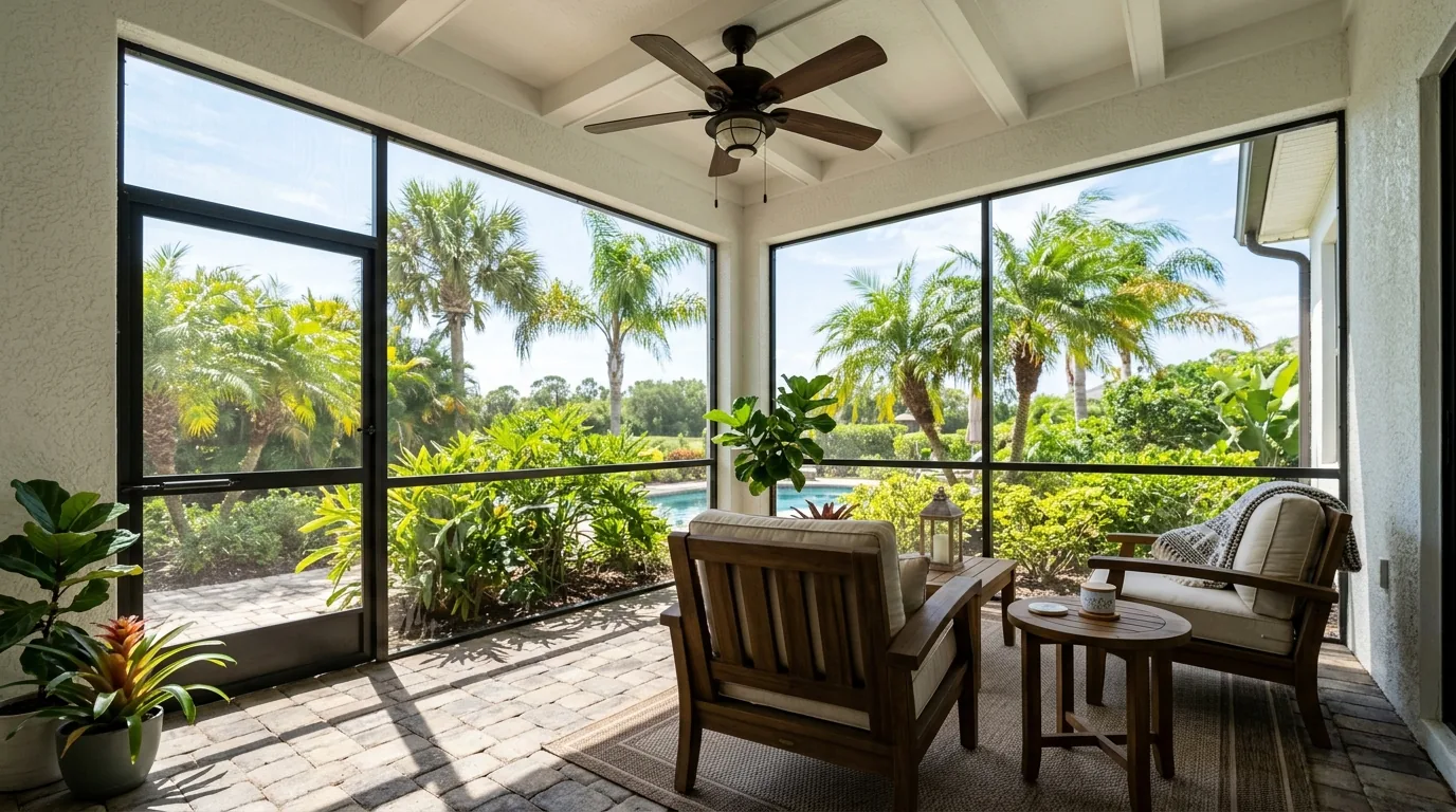 A screened Florida lanai with palms in bright morning light