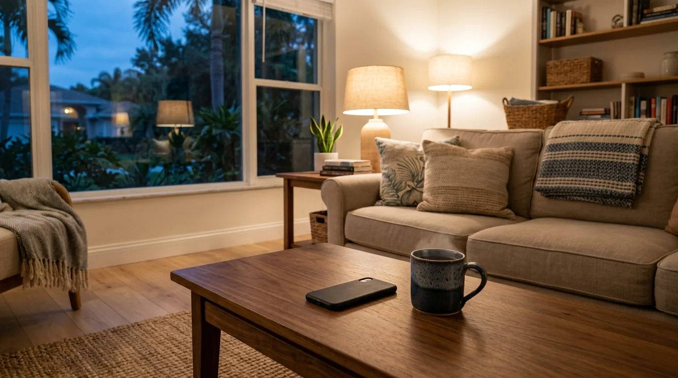 A phone resting on a coffee table in a cozy Florida living room at dusk