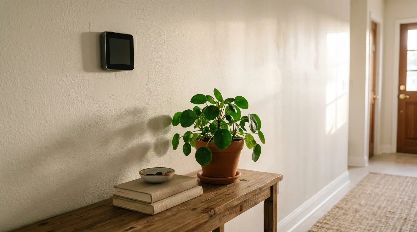 A wall thermostat with a dark screen in a warm Florida hallway