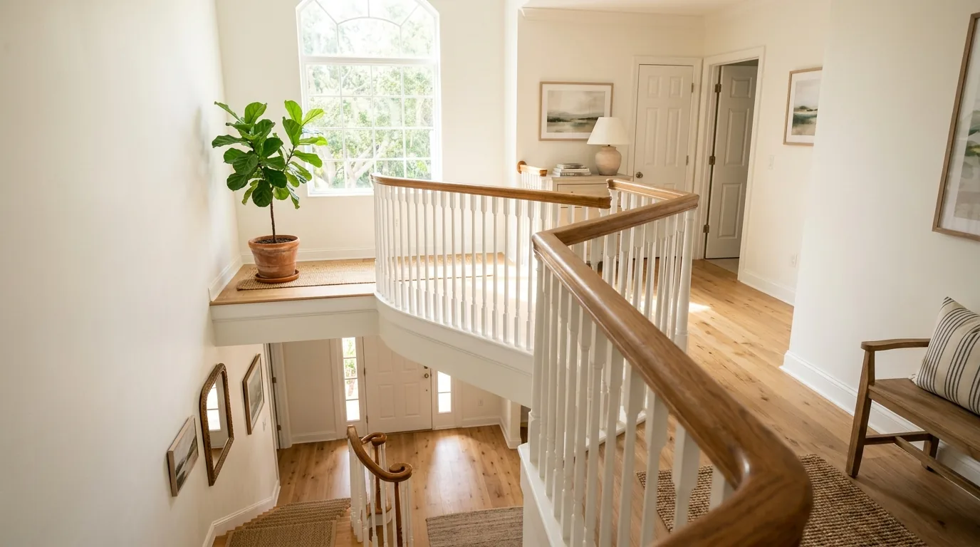 A bright staircase and landing in a two-story Florida home